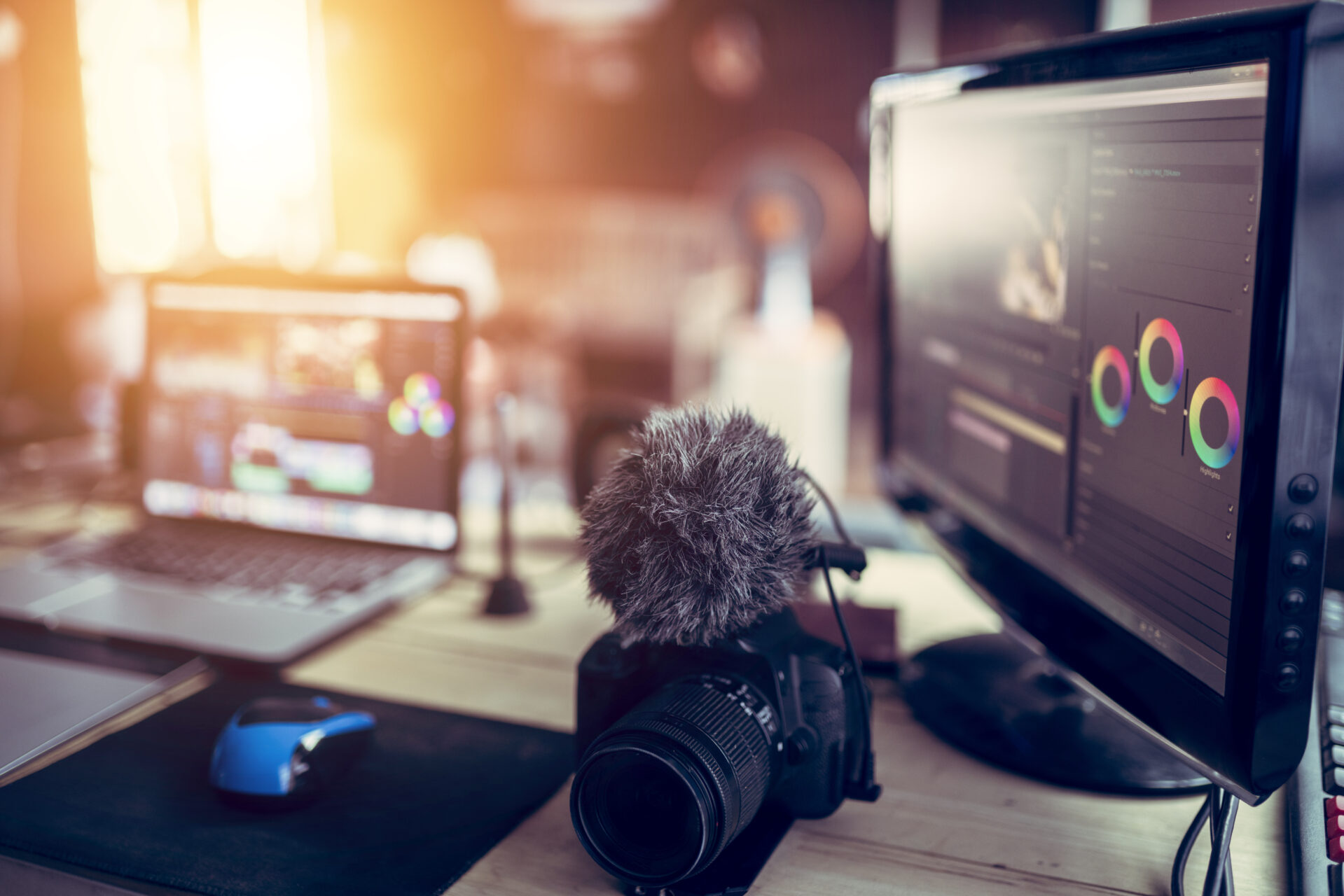 Freelance desk and laptop for editing footage is job for content upload