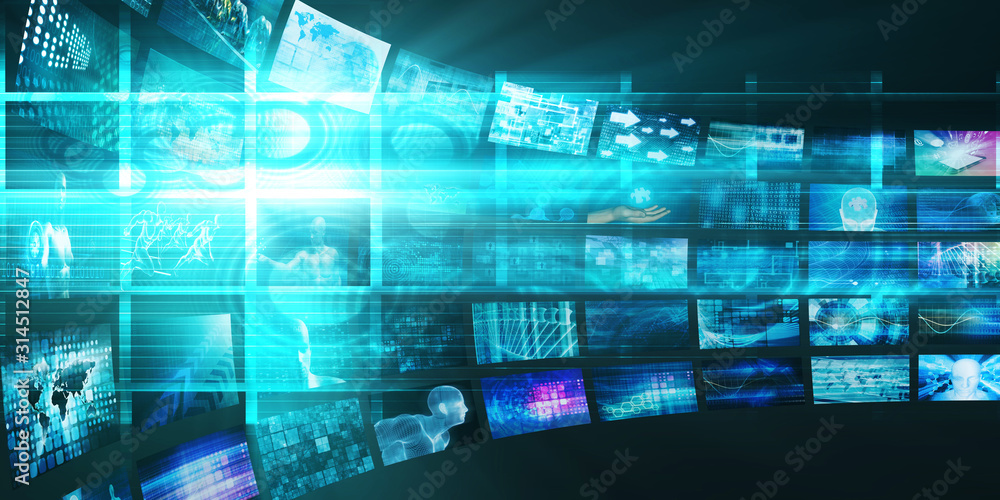 Graphic of a series of screens displaying various imagery