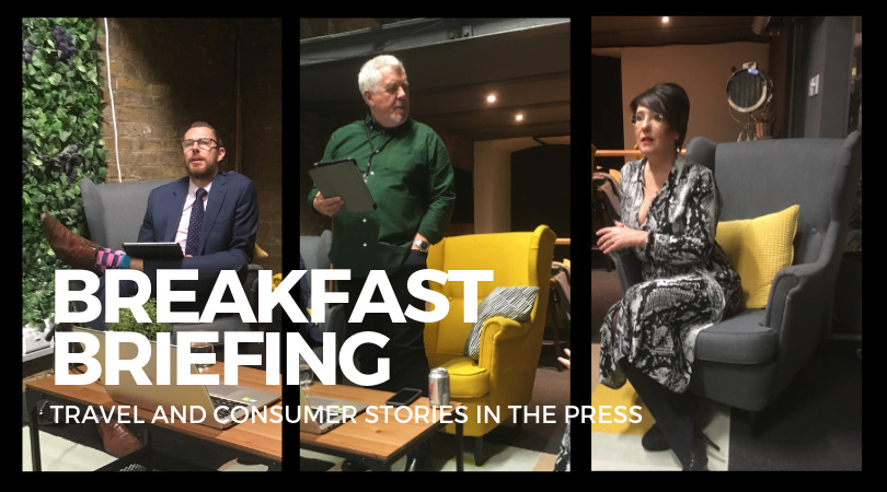 3 presenters in chairs with the white text "BREAKFAST BRIEFING" "TRAVEL AND CONSUMER STORIES IN THE PRESS" on top of the image