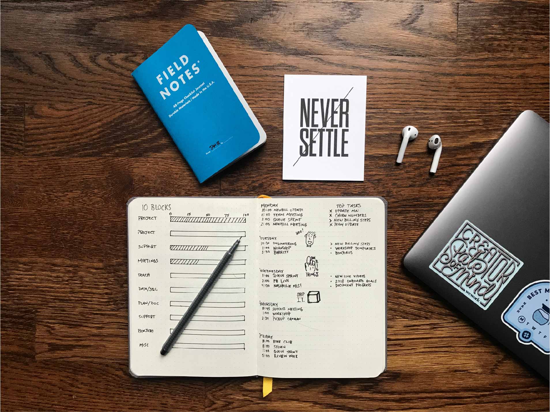 Wood table with note pads filled with organized notes, Apple airpods, and a laptop.