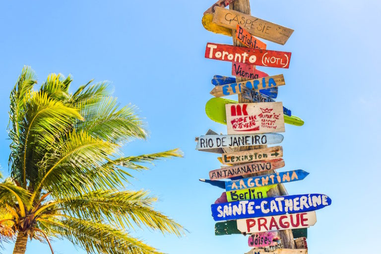 Telephone post covered in wooden arrow signs pointing in multiple directions with different destinations with a palm tree and blue sky in the background