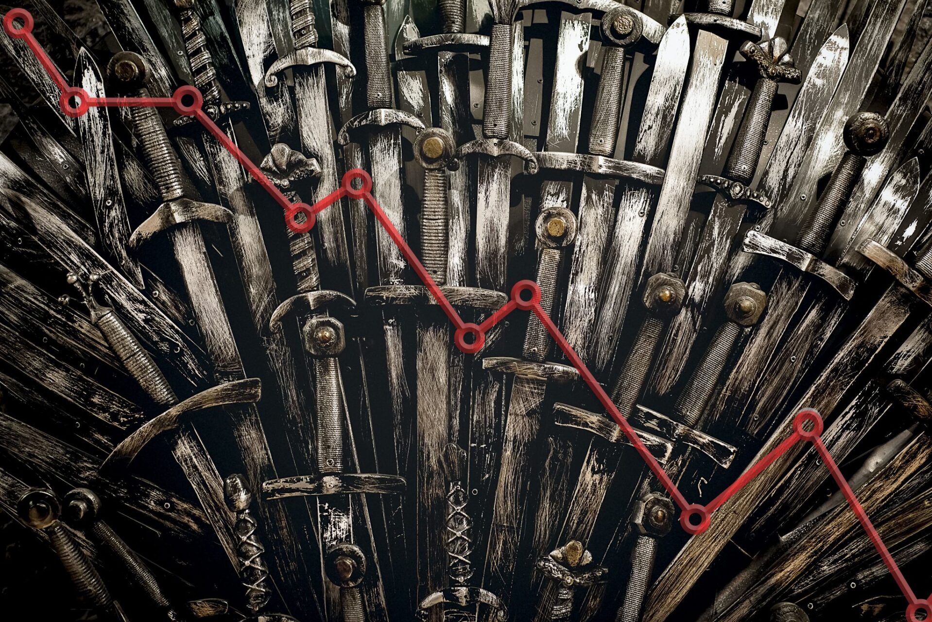 Close-up of man gray and worn swords stacked on each other vertically with a red line graph trending down on top
