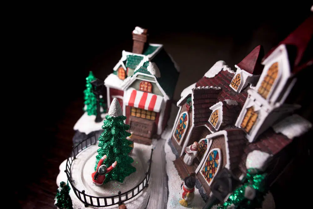 Christmas ornaments of a church and shop