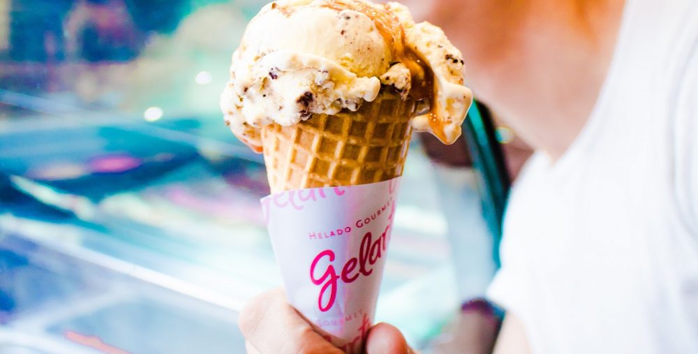 Close up of a ice cream cone being held