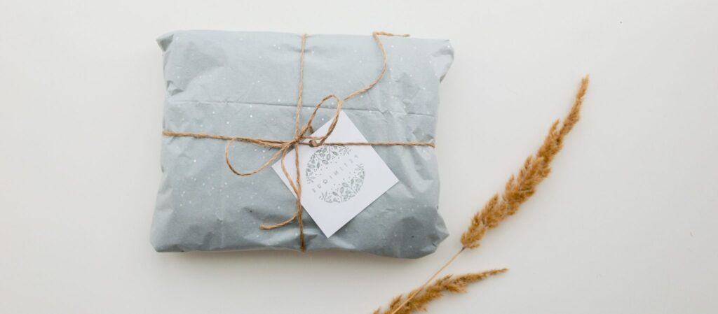 A small square package wrapped in light blue wrapping paper with a brown string bow on a white surface with two small long skinny flowers next to it