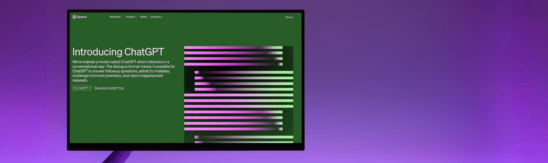 computer monitor showing chat GPT on a purple background