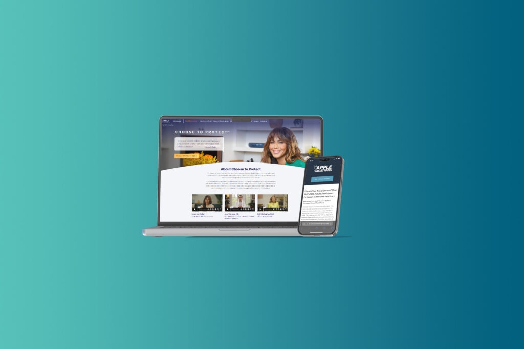 Image of a website on a laptop and phone on a blue and green background