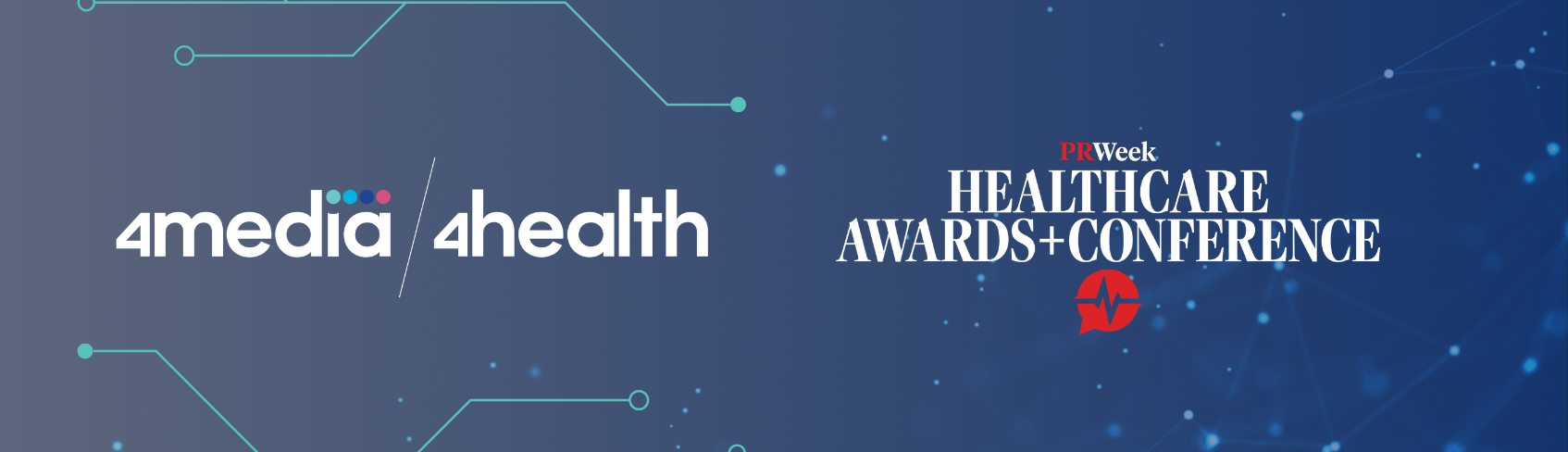 Logos of 4media/4health and PRWeek Healthcare Awards Conference on blue background