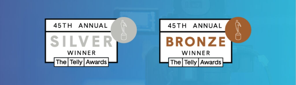 Silver and Bronze 45th Annual Telly Award winner graphics on blue background
