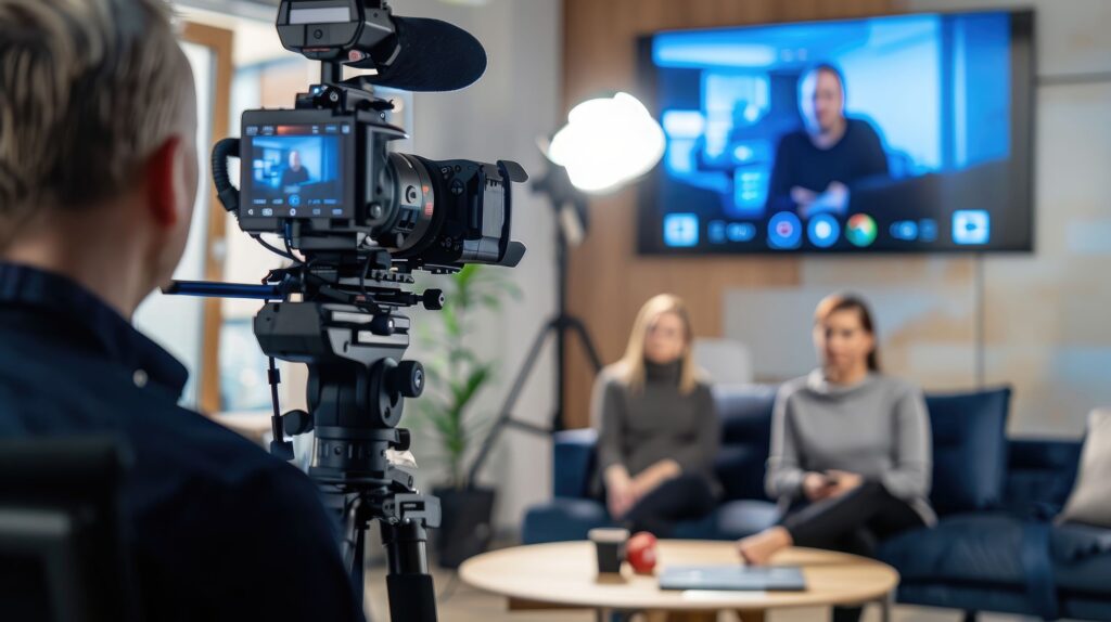 A professional video camera is filming an interview in the living room of one person