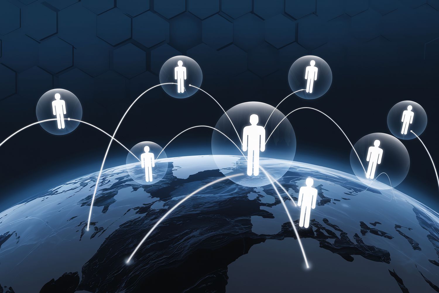 Global network concept illustrated by figures on a globe, symbolizing worldwide communication and connection, ideal for business or technology themes