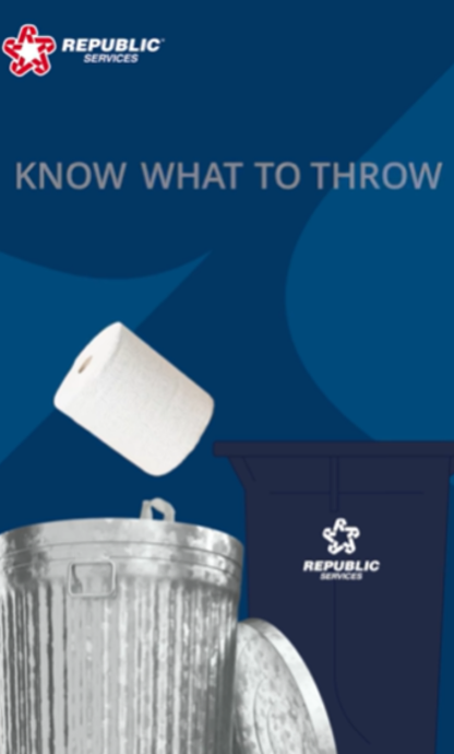 Graphic showing toilet paper above a silver trashcan